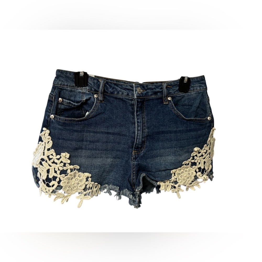 Almost Famous Blue and Cream Jean Shorts with Lace & Distressed Details